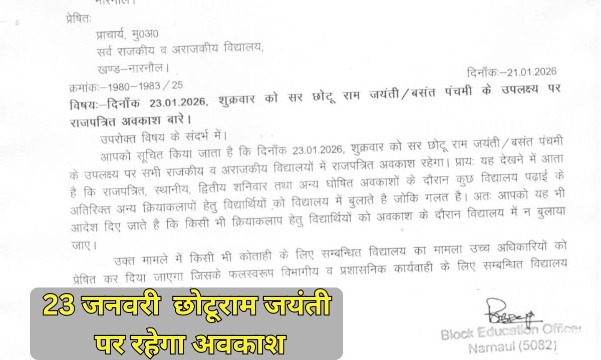 January 23 holiday: January 23 will be a holiday in Haryana on account of Chhotu Ram Jayanti.