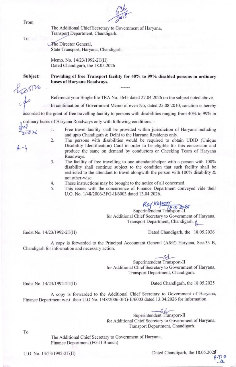 Haryana Roadways Disabled people free travel notification for 40 to 99 percent disability
